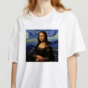 2021 Summer T Shirt Women O Neck Short Sleeve Mona Lisa Mask Graphic Print Funny T-shirt 90s Woman Tshirt Tees Casual White Tops