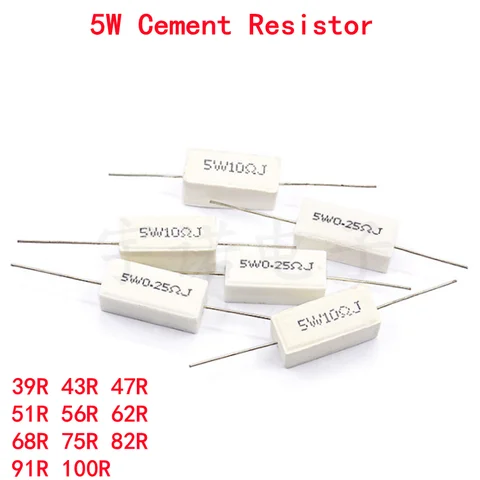 Цементный резистор 5 Вт 5%, сопротивление мощности 39R 43R 47R 51R 56R 62R 68R 75R 82R 91R 100R 39 43 47 51 56 62 68 75 82 91 100 Ом, 10 шт.