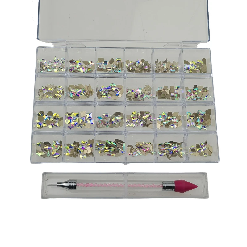 

480pc/Box Red/AB Color Nail Rhinestones +1pc Dotting Pen Flatback Crystal Multi Shape Nail Art Decoration Glass Stones