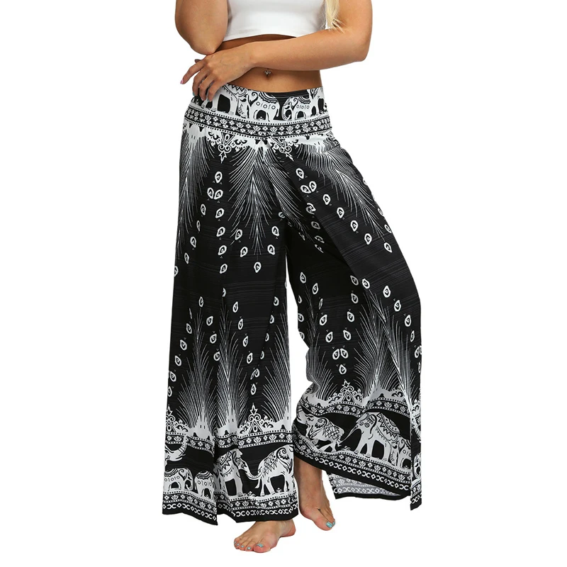 

2021 New Printed Summer Comfortable Breathable Casual Pants Fashion Loose Straight Leg Pants Women High Elastic Split Trousers