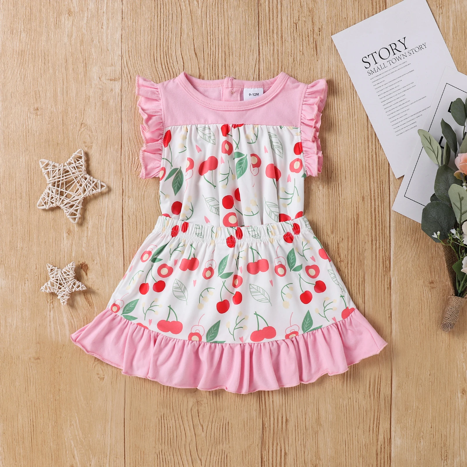 

OPPERIAYA Newborn Baby Girls Summer lovely Suits Cherry Print Flying Sleeve round neck Sleeveless Tops and Short Skirts 2Pcs Set