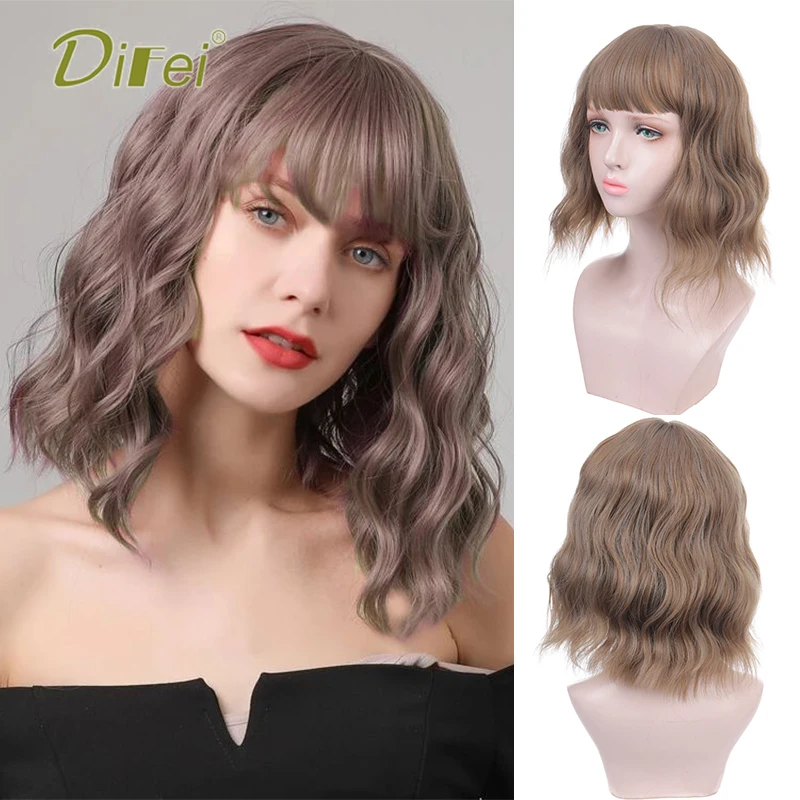 DIFEI Synthetic 12 Inch Short Wig Wavy Bob Wig with Bangs Women's Party Daily Wear Hairpiece Cosplay Wig