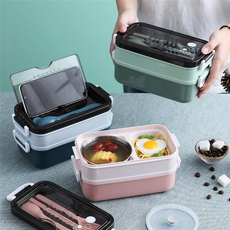

Lunch Box Bento Box for Student Office Worker Double-layer Microwave Heating Food Storage Container with Tableware Soup Bowl2021