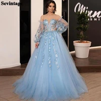 sevintage blue arabic a line lace prom dress removable long sleeve evening dresses corset princess wedding party gowns 2021