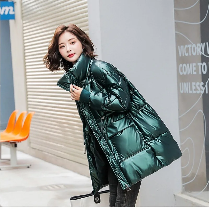 Shiny Winter Jackets For Women 2022 New Korean Fashion Parkas Mid-Length Cotton Coat Stand-up Collar Loose Bread Jacket Trend