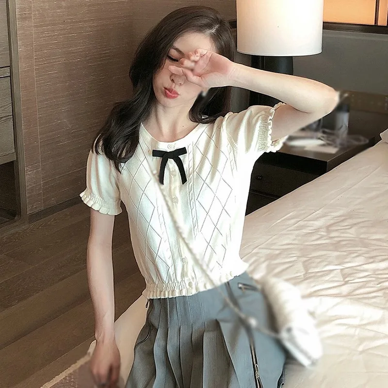 

Women Round Neck Bow College Style Knitted Tops Summer Beach Wear Short Sleeve Basic Wild Wind T-Shirt Sweet Style NEW