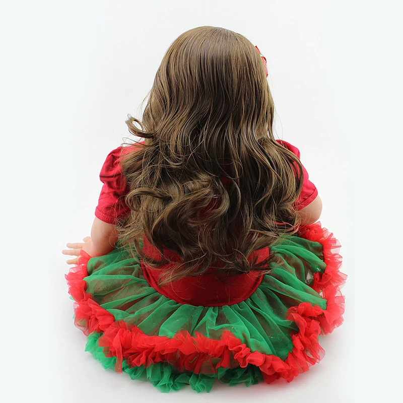 

60CM Christmas tree red skirt reborn doll long curly hair soft silicone realistic toy growing partner Christmas gift