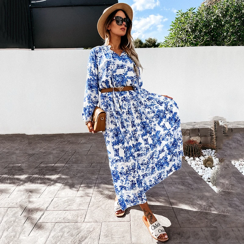 

Maxi Long Sleeve V Neck Floral Print Autumn Woman Dress 2021 Ladies Vintage Loose With Belt Casual Elegant Boho Dress Robe Femm