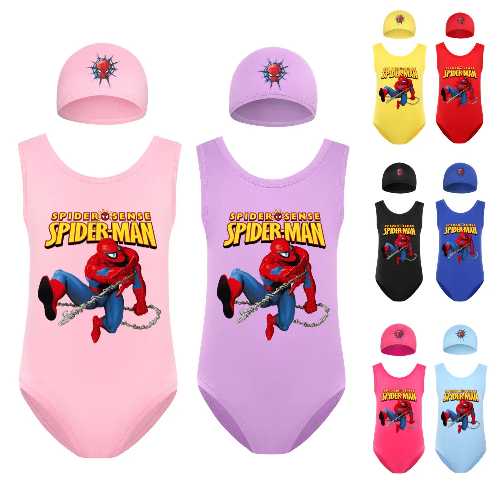 

SpiderMan 2022 New Girls Cartoon Printing Multicolor Round Neck Vest Swimsuit Swim Cap Set 2-16 Years Old