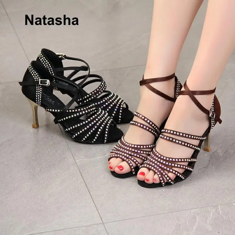 Наташа черная танцевальная обувь кофейная сумка инкрустированная стразами