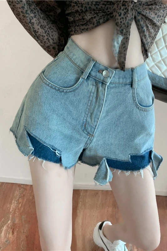 

Irregular A-line Jeans Shorts women's 2020 summer new Korean version slim High Waist Wide Leg Pants versatile hot pants thin