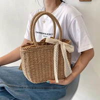 summer handmade bags for women 2021 beach weaving ladies straw bag wrapped beach bucket bag top handle handbags totes lace bow