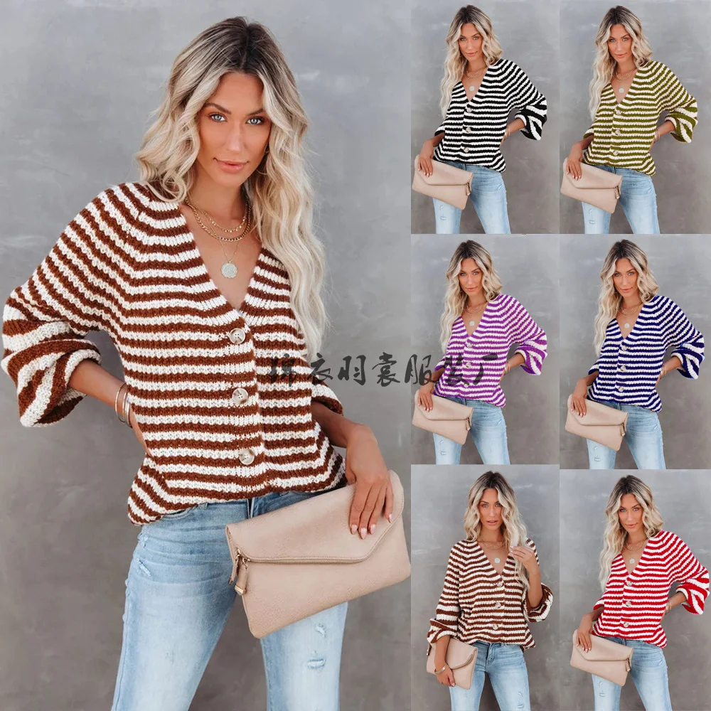 

Donsignet Women Sweaters Autumn/winter 2021 Striped Knitted Large Size Loose Lazy Brown Single-breasted V-neck Cardigan Sweater