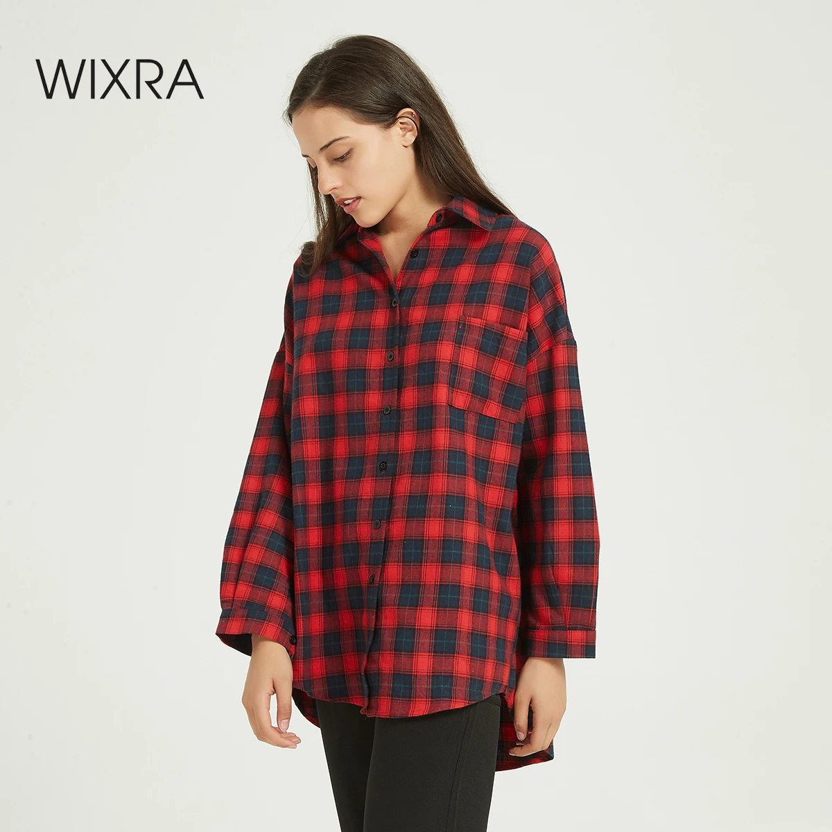 Женская рубашка в клетку Wixra Классическая Повседневная с отложным воротником