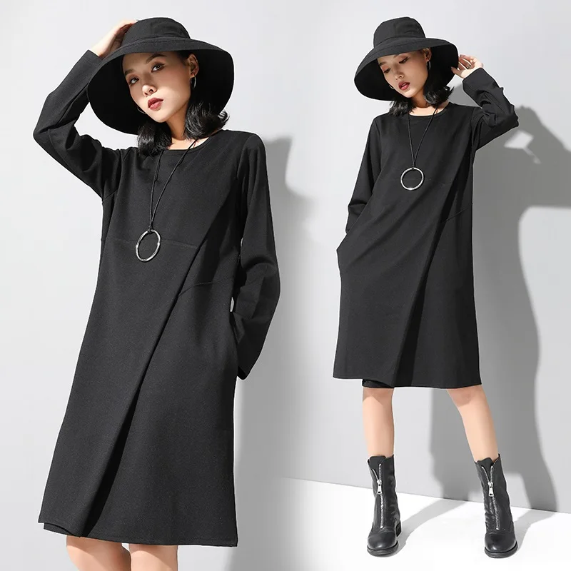 Женское повседневное свободное платье миди с длинным рукавом размера плюс