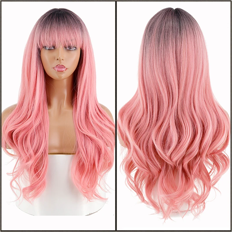 

Длинные черные розовые волнистые синтетические парики с эффектом омбре с челкой, парики из натуральных волос для женщин, термостойкий пари...