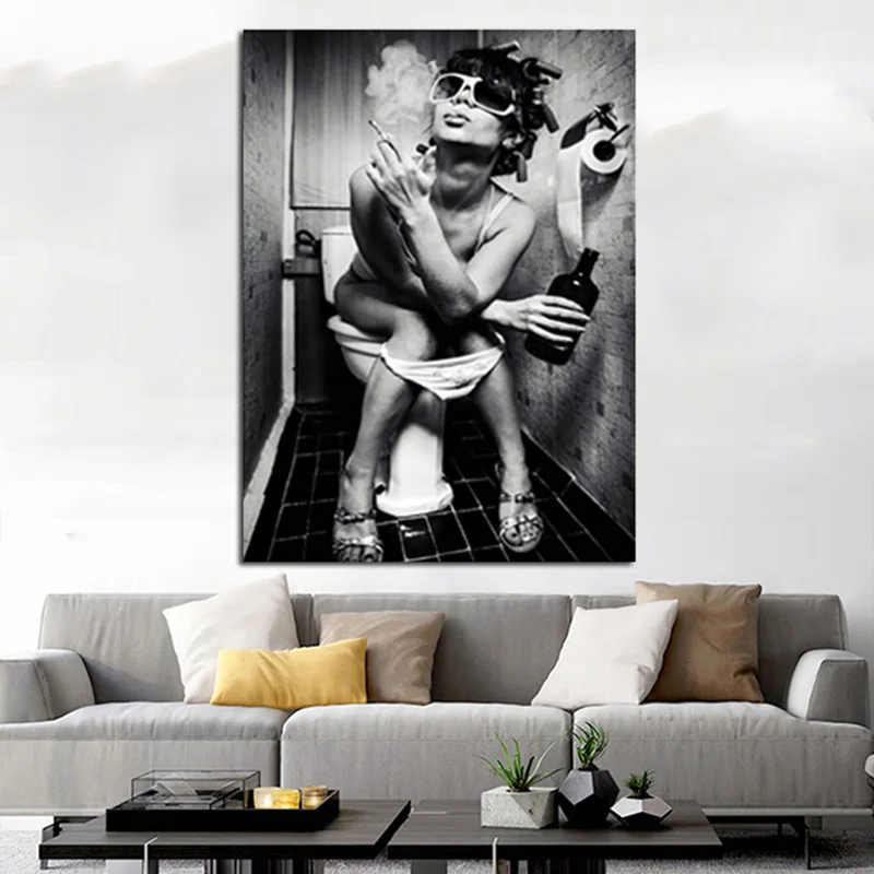 Черно-белая Картина на холсте с изображением сексуальной женщины в туалете