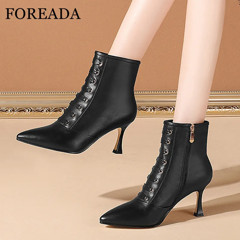 

FOREADA Natural Genuine Leather Ankle Boots High Heel Woman Boots Pointed Toe Short Boots Zipper Thin Heel Ladies Shoes Autumn