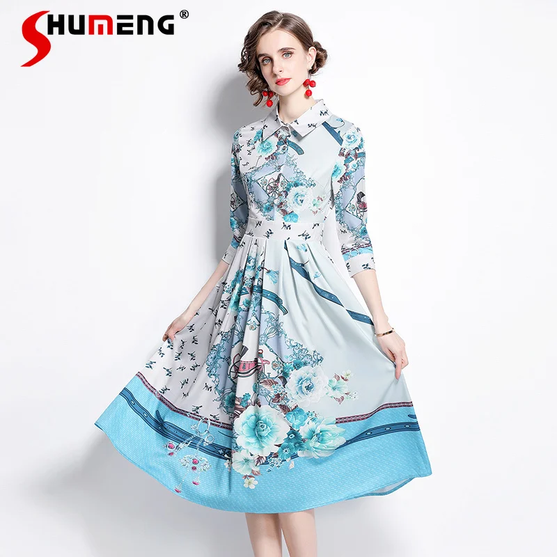 

Женское модное синее платье миди с принтом и рукавом 3/4, Новинка лета 2021, корейские женские платья-поло на молнии с воротником для вечерние, п...