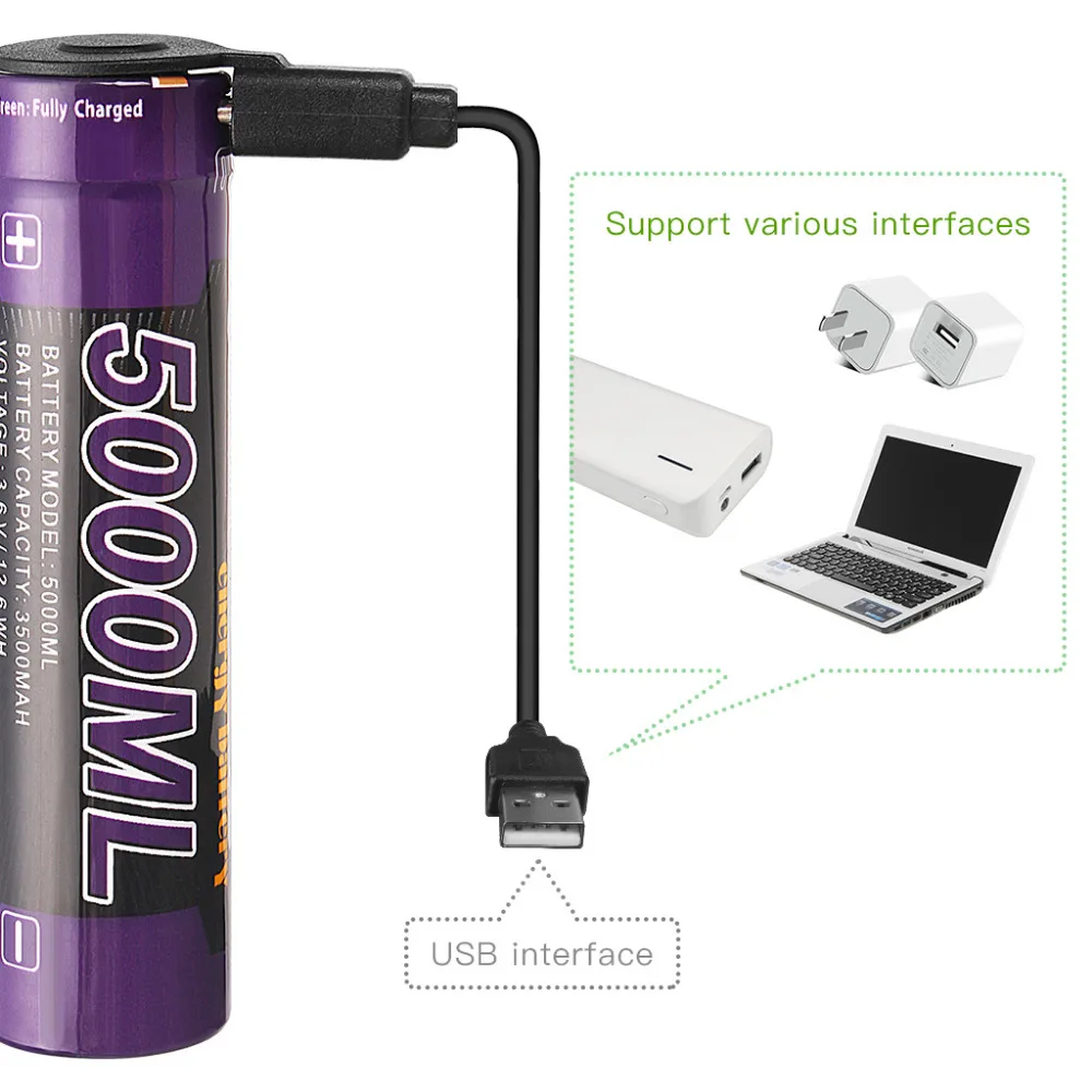 

3PCS Laptop battery USB 5000ML Li-ion Rechargebale battery USB 18650 3500mAh 3.7V Li-ion battery + USB wire