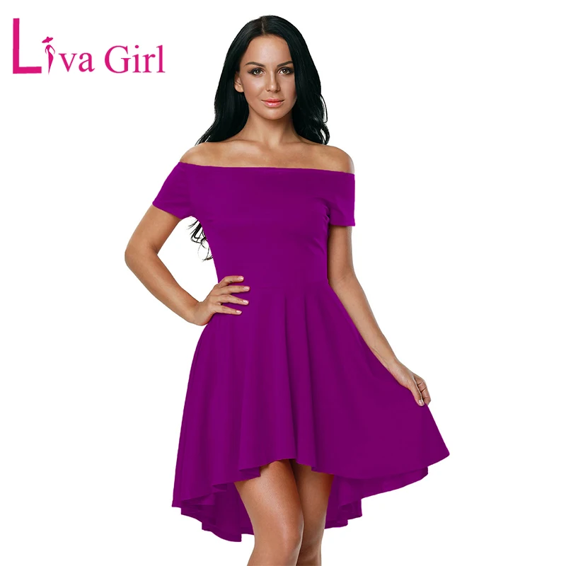 Rosy LIVA GIRL Элегантное летнее вечернее платье для вечеринки, женское Милое сексуальное платье с открытыми плечами и широким подолом, синее/черное/красное женское расклешенное платье - Цвет: Rosy