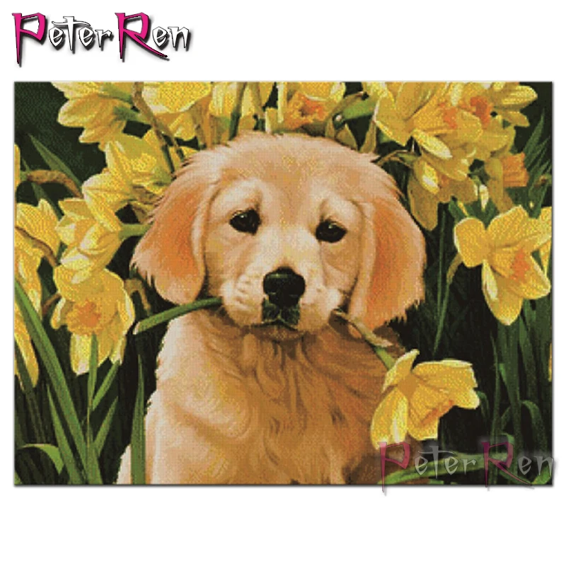 

Peter ren Diamond Painting Dog in the flowers 5d Full Mosaic Picture of Rhinestone Crafts Animal Diamond Embroidery Poppy orchid