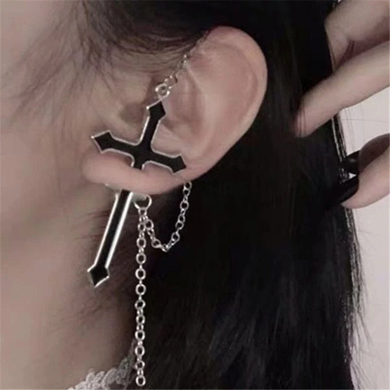 

Punk Black Cross Long Chain Stud Earrings Hip Hop Jewelry Cool Sword Piercing Ear Studs for Women Girl Ear Accessories Z3P842