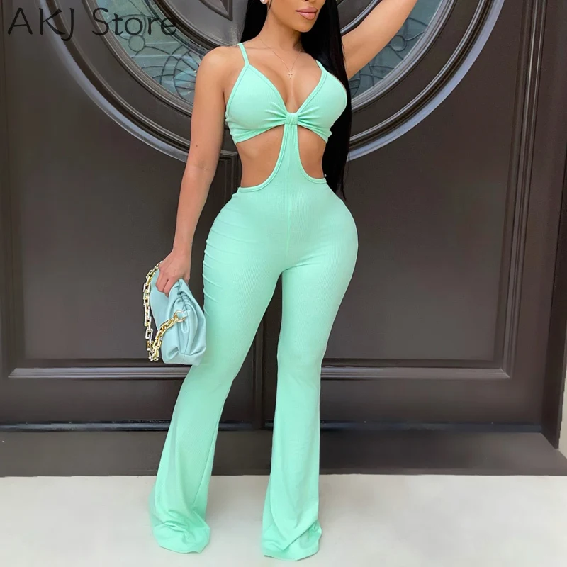 

Women's Solid Color Mesh Sleeveless Jumpsuit Elastic Slim Backless Flare Romper Pants