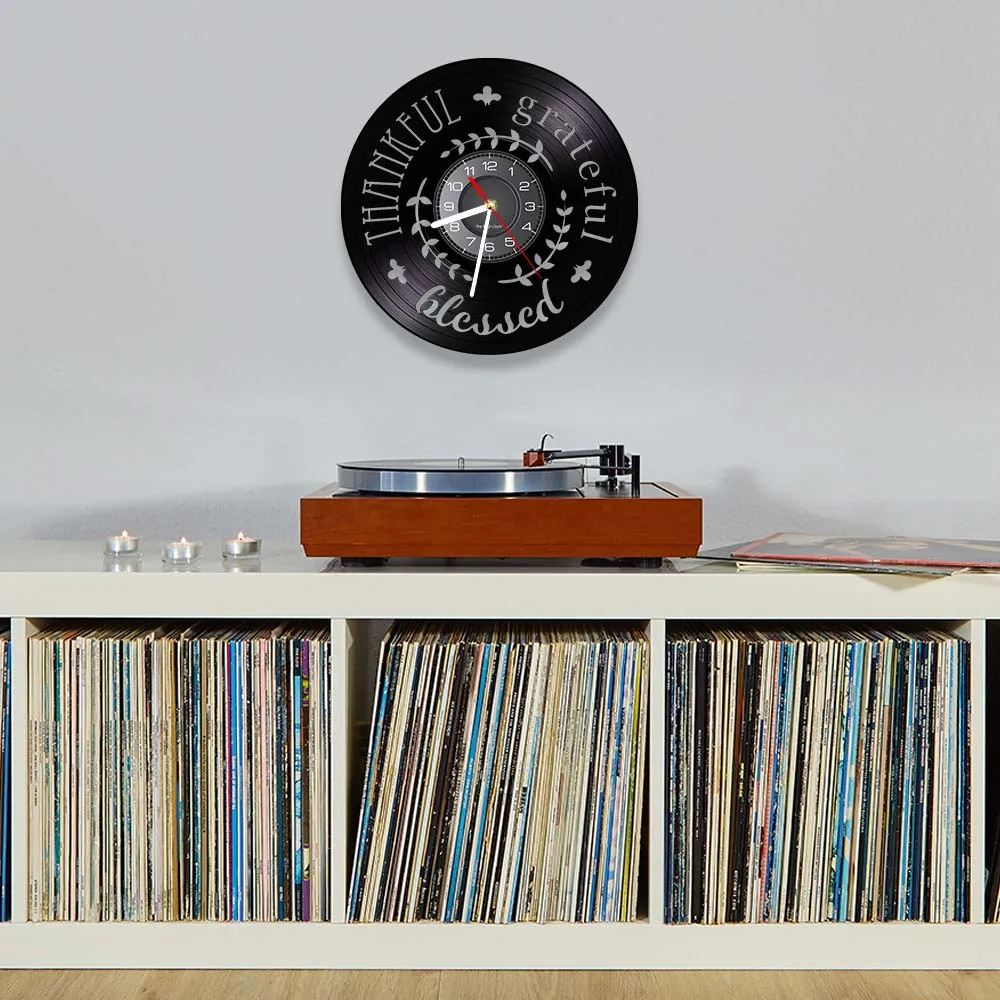 

Gratitude Retro VInyl Wall Clcok Thankful Grateful Blessed Laser Etched LP Wall Clock Devout Disciple Gift Home Interior Decor