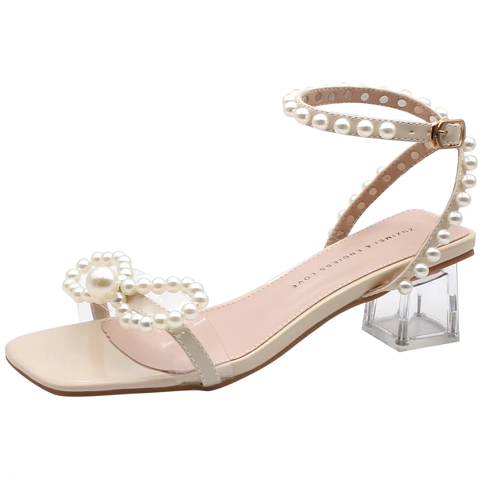 

Women's Sandals Sweet Cute Beading Ankle Strap Shoes Lady Transparent High Heels Girls 2021 Summer Designer Fashion Shoes B0003