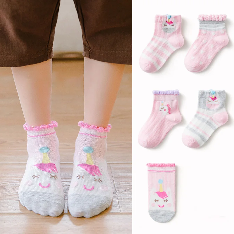 

5 Pairs Cotton Socks For Girls Summer Thin Mesh Breathable Cute Cartoon Children Socks Toddler Baby Girls Pink Socks 1-12 Yrs