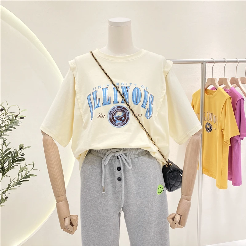 

2021 Spring Summer Letter Print Loose Comfortable Tee Cotton Round Neck Short Sleeve T-shirt Korean Style New Fashion Top