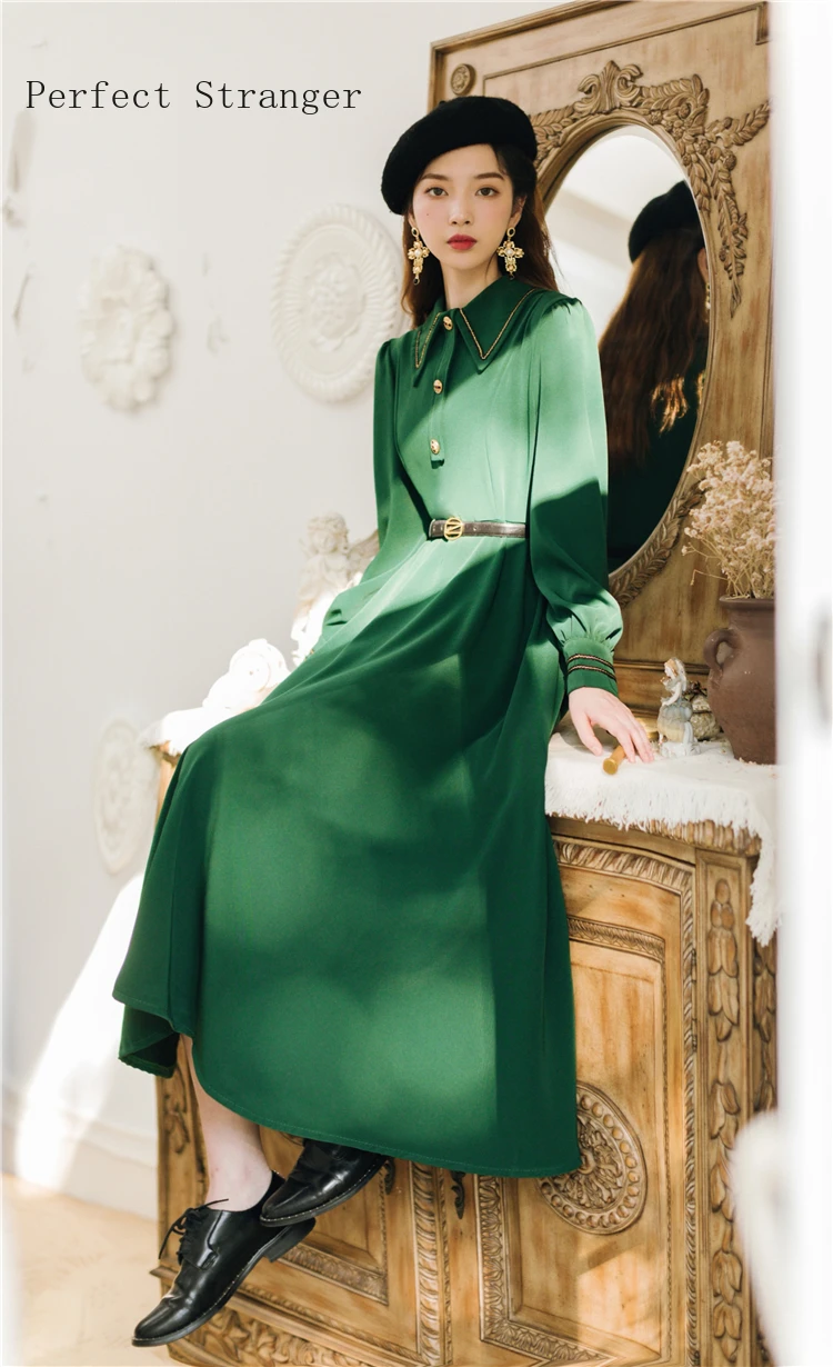 High Quality 2020 Spring Autumn Hot Sale Retro Peter Pan Collar Long Sleeve Women Dress With Belt Green | Женская одежда