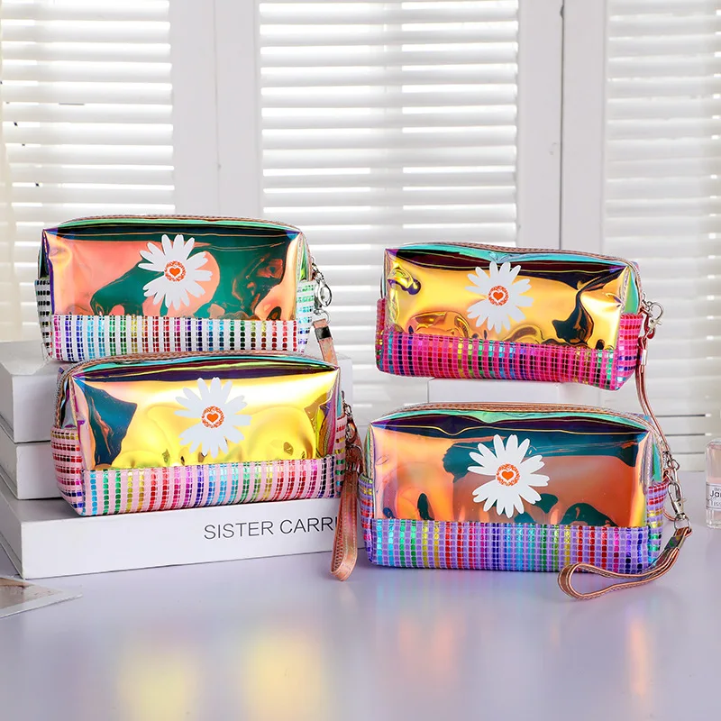 

Large-Capacity Waterproof Portable Travel Toiletry Bag Laser Cute Little Daisy Cosmetic Bag PU Leather Storage Bag