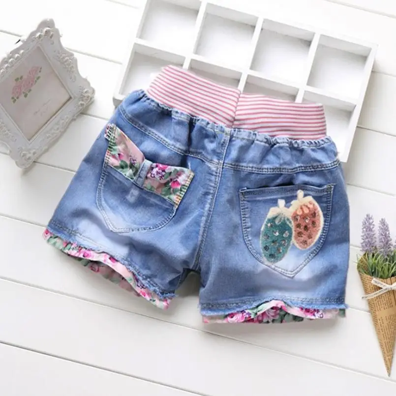 2021 New Girls Denim Shorts Summer Fashion Cute Love Floral Lace Wild Children's Pants Teen 3-13Y | Детская одежда и обувь
