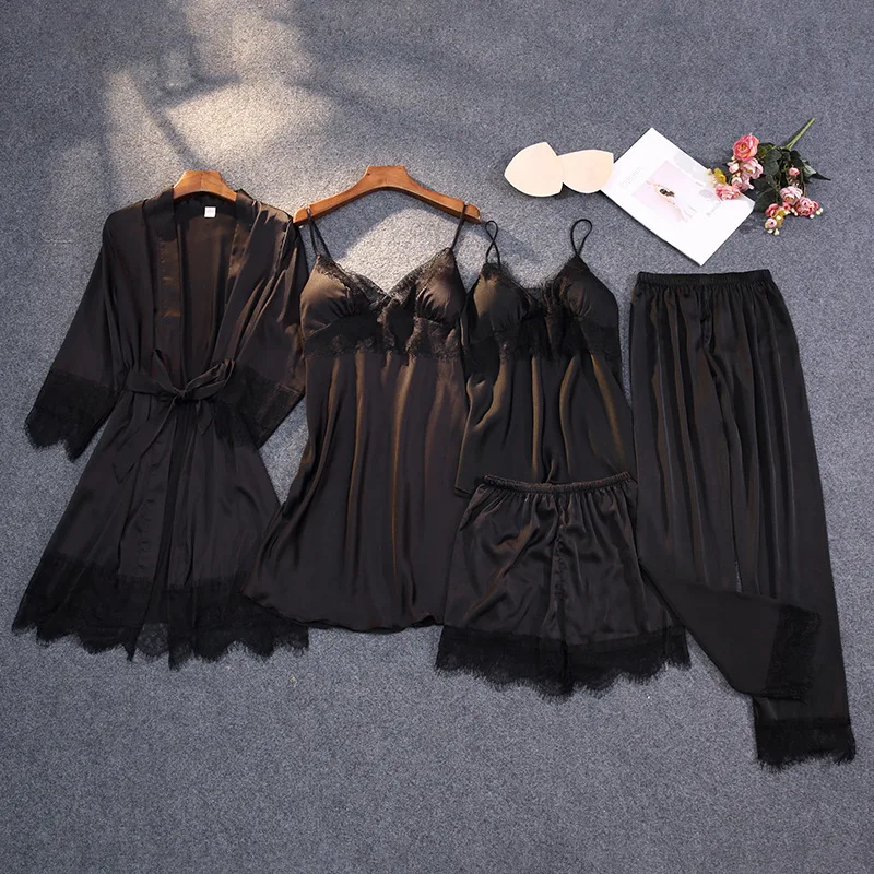 

Satin Nighty&Robe Suit Lady 5PCS Sleepwear Lace Patchwork Kimono Bathrobe Gown Intimate Lingerie Sexy Nightwear Home Clothes