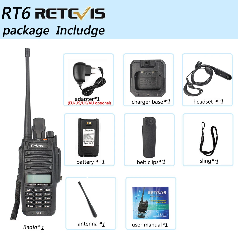 RETEVIS RT6 IP67 водонепроницаемая профессиональная рация 5 Вт двухдиапазонный УКВ УВЧ; Голосовое управление ЖК-дисплеем портативный двухсторонний радиоприемопередатчик