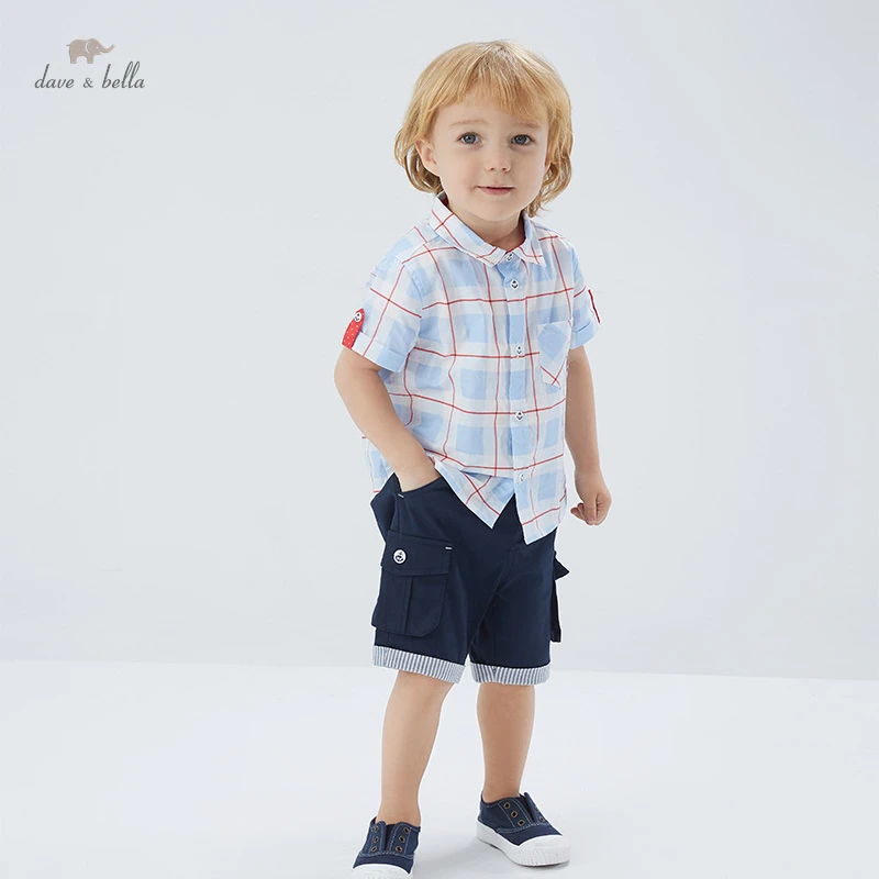 

DBX16680 dave bella summer fashion baby boys plaid print pockets shirts infant toddler tops children high quality clothes
