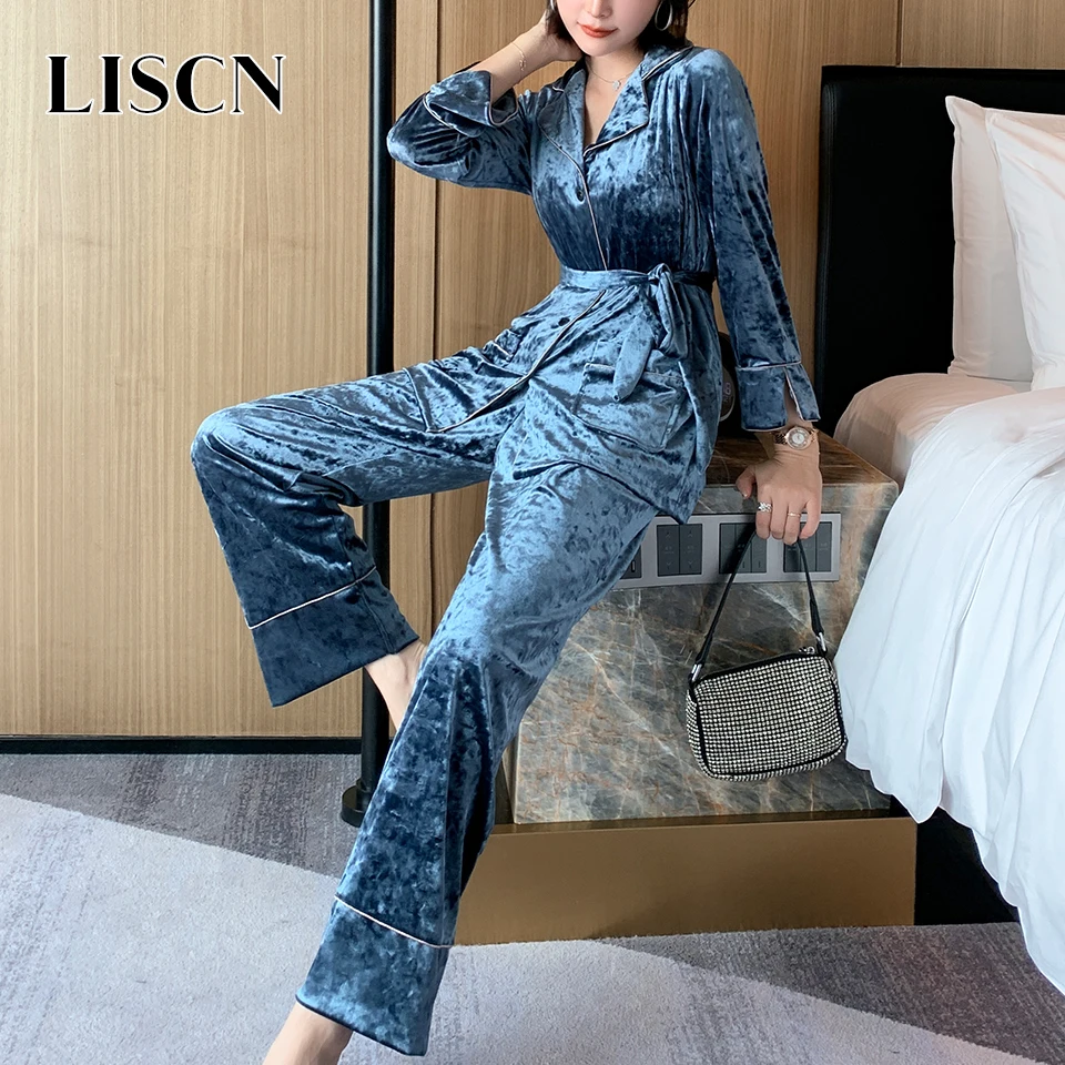 Gray blue LISCN зимняя женская пижама, одежда для отдыха, теплый домашний костюм, повседневная одежда, штаны, теплая Пижама, золотой бархат, комплект одежды для сна с поясом - Цвет: Gray blue