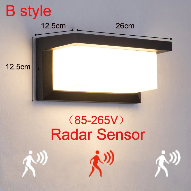 B style Radar Sensor 18 Вт светодиодный настенный светильник, водонепроницаемый IP66, светильник для крыльца, современный светодиодный настенный светильник с датчиком движения, уличный светильник ZBW0001 - Испускаемый цвет: B style Radar Sensor