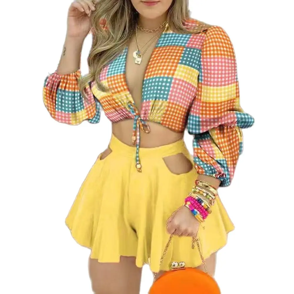 

Summer Women's Sets 2 Piece Suit Full Length Sleeve Deep V Neck Elegant Tops Hollow Out Sexy Shorts Skirt 2021 Trend