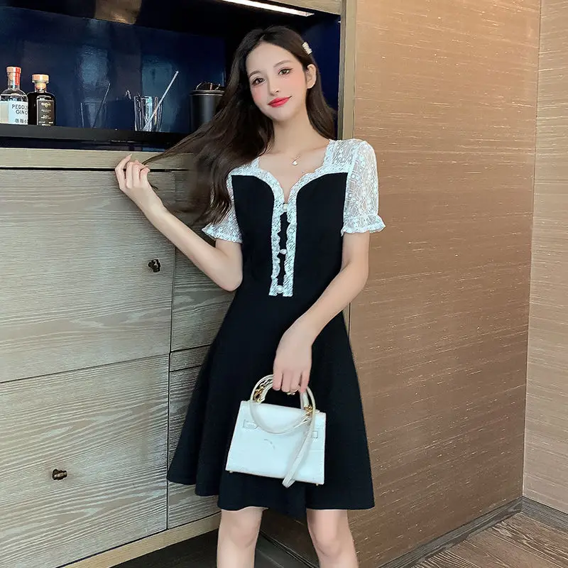 

2021 New Summer Women's Dress Fashion Cotton Lace Black Dress Short Sleeve Casual Slim Elegant Sweet Office Lady Dresses