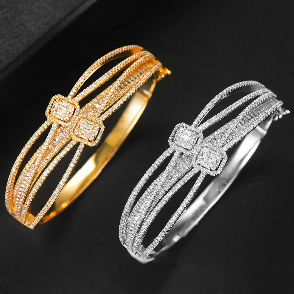 Original Luxury Bold Chunky Wide Bangle For Women Micro Cubic Zircon Party Wedding Saudi Arabic Dubai Jewelry charm bracelet