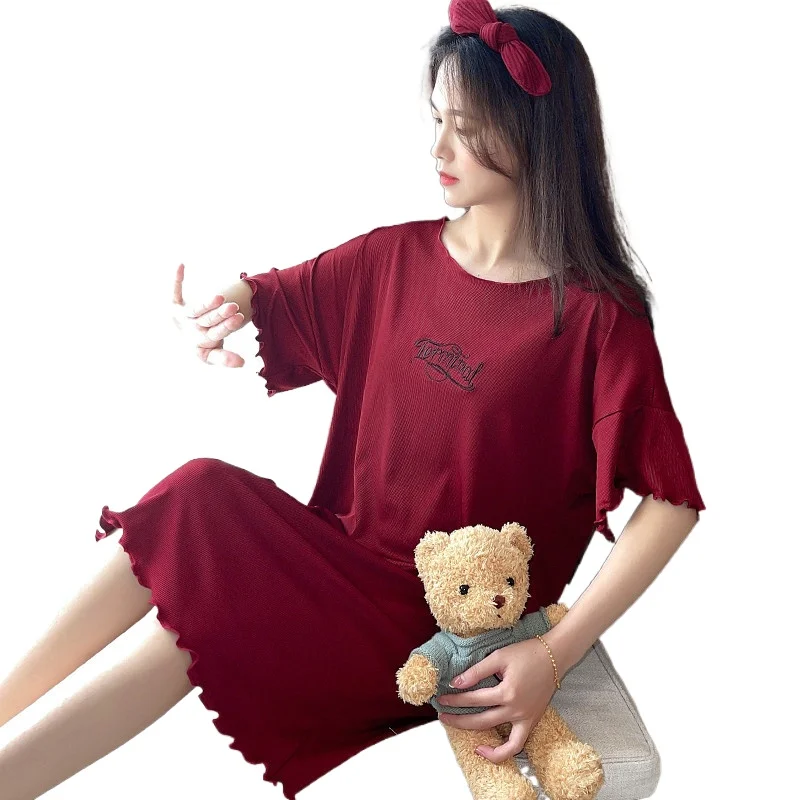 Summer New Short Sleeve Nightdress Women's Pit Stripe for  Korean Mid Skirt Nightgown & Sleepstirts Homewear Sleeping Wear