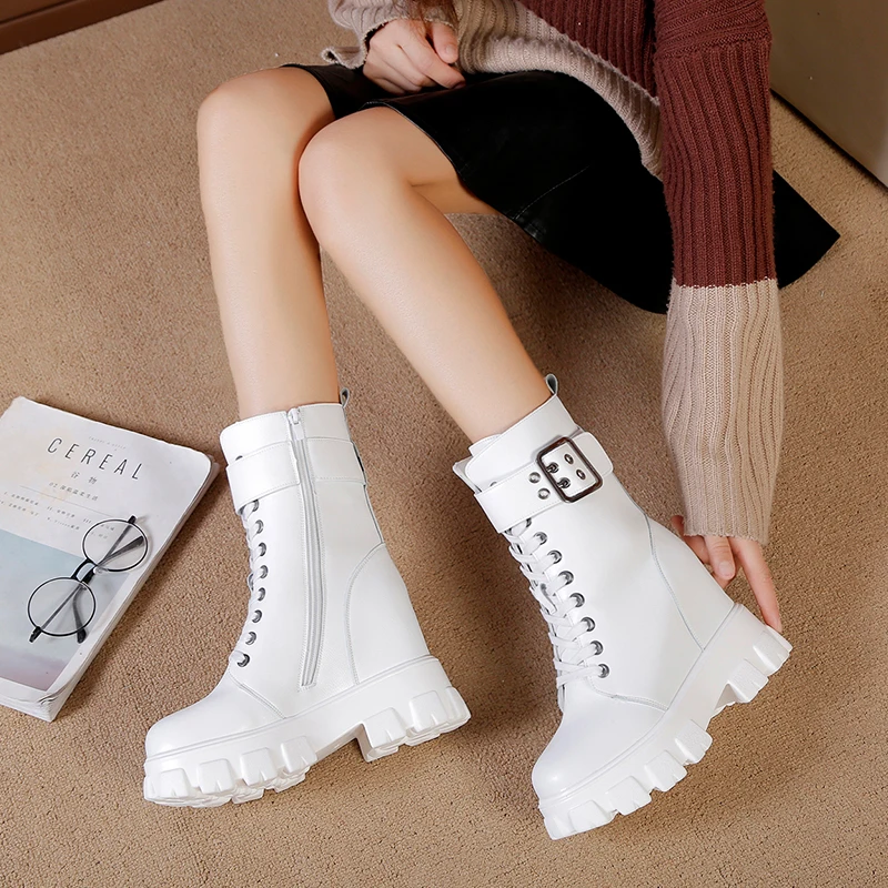 

Kjstyrka 2020 Black Mid-Calf Boots Women Fashion Women Combat Boots Leather Round Toe High Quality Lace Up Boots