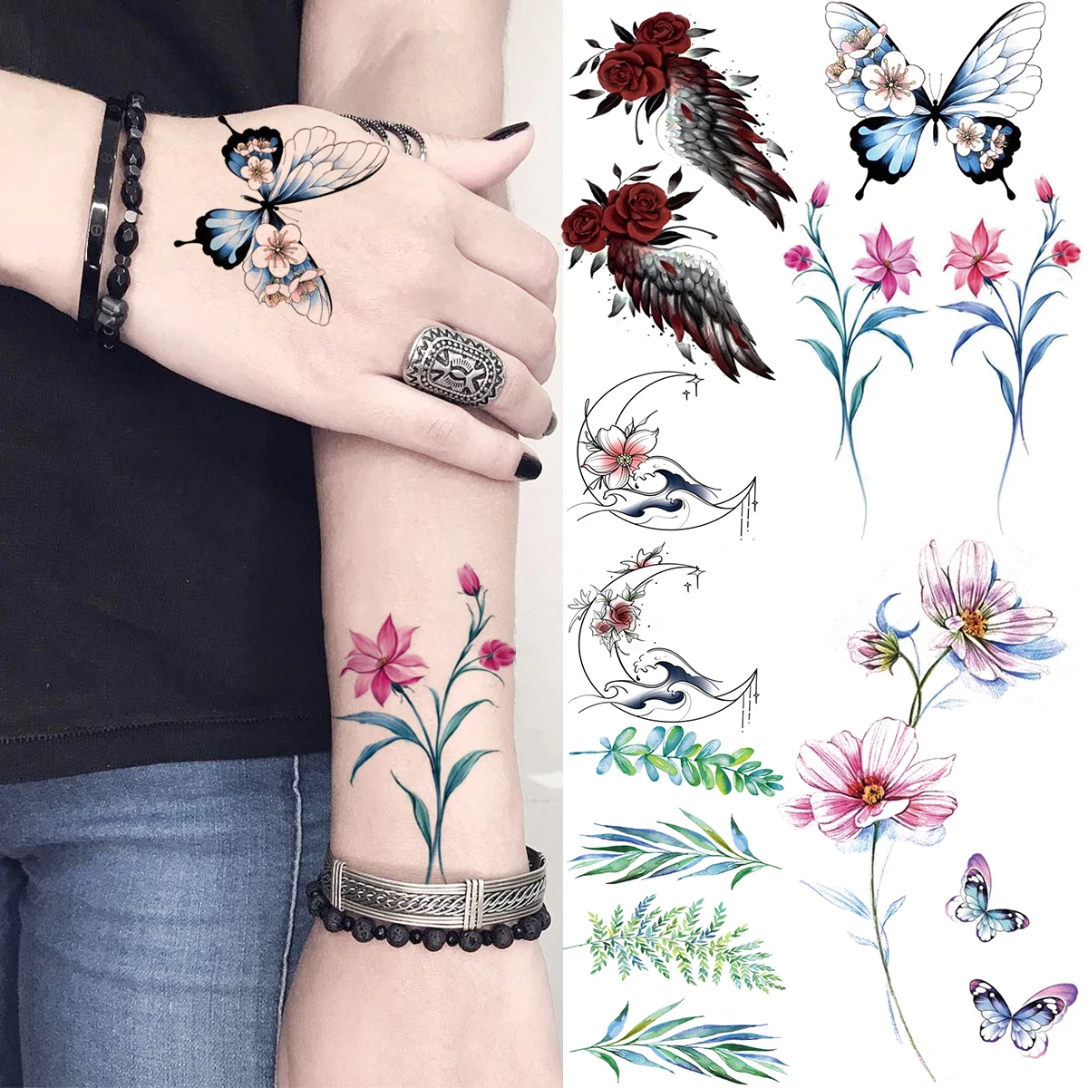 

Watercolor Lily Flower Butterfly Temporary Tattoos For Women Kids Moon Leaves Wings Fake Tattoo Waterproof Body Art Tatoos Decal