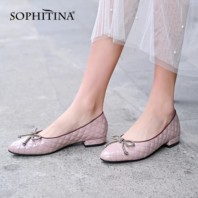 

SOPHITINA Flats Women Pink Plaid Butterfly-Knot Premium Leather Handmade Lady Shoes Round Toe TPR Casual Female Boat Shoes MO870