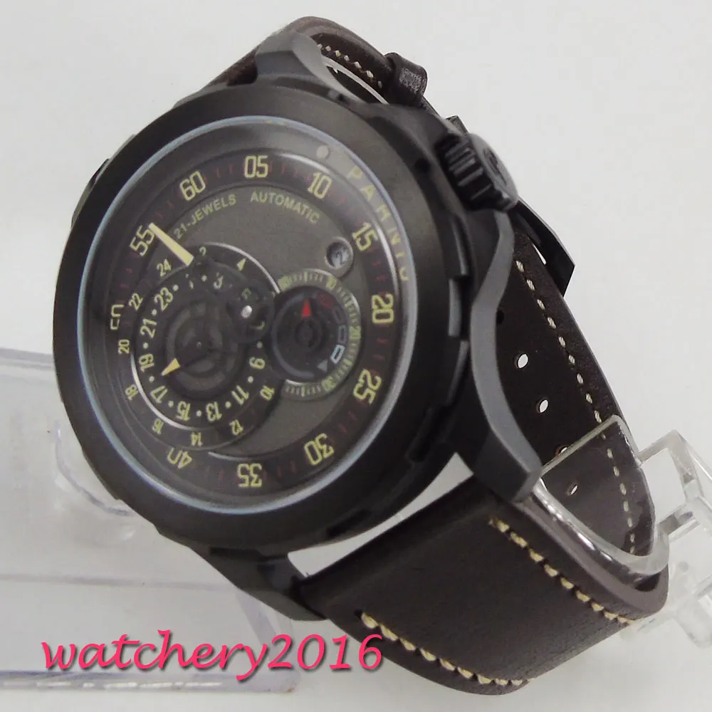 Мужские наручные часы с черным циферблатом Parnis 44 мм сапфировое стекло