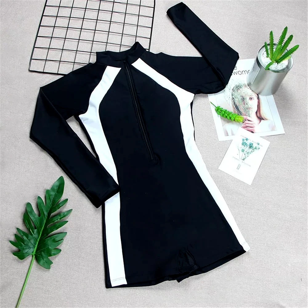 Rash Guard Women Long Sleeve One Piece Swimsuit Diving Surf  Zipper Swimwear Shorts Surfing Suit High Neck Diving Clothes