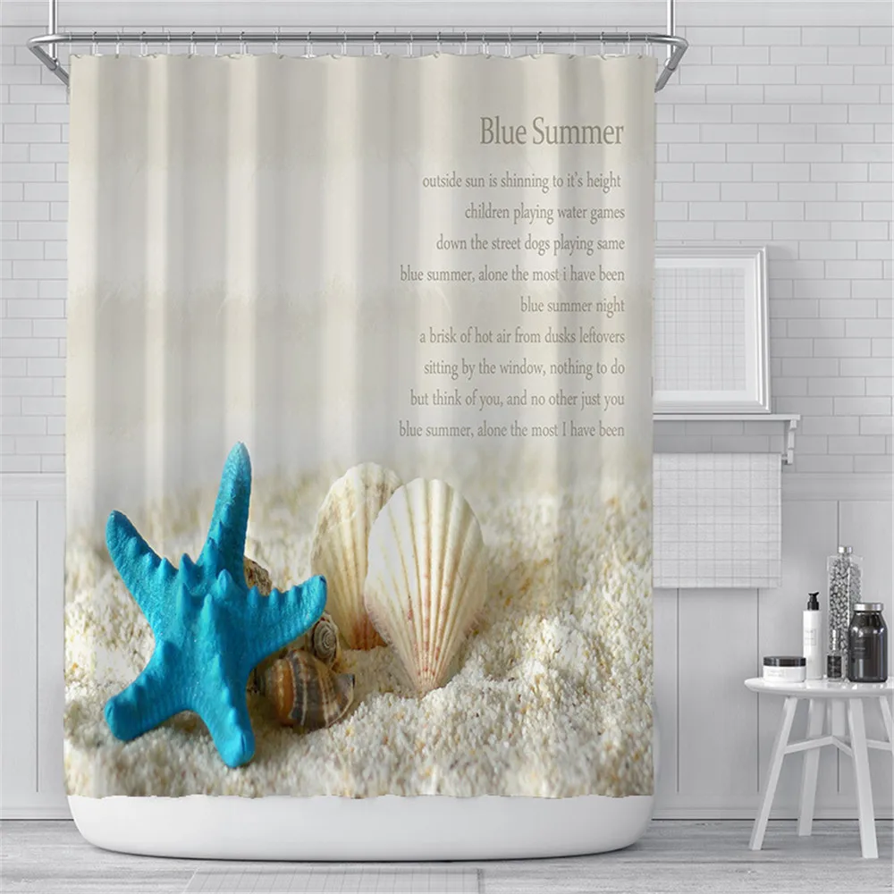 

Ocean Beach Shower Curtains Sea Wave Blue Sky Hawaii Scenery Shell Starfish Home Decor Bath Bathtub Waterproof Cloth Curtain
